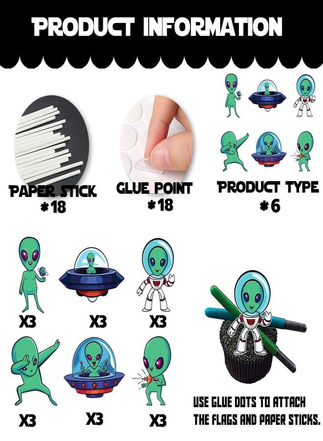 LETLIMIT 18pcs Green Glitter Alien Dessert Cupcake Topper Space Invaders Theme Decor Supplies Baby Shower Boys Girls Happy Birthday Party Decorations - Image 4